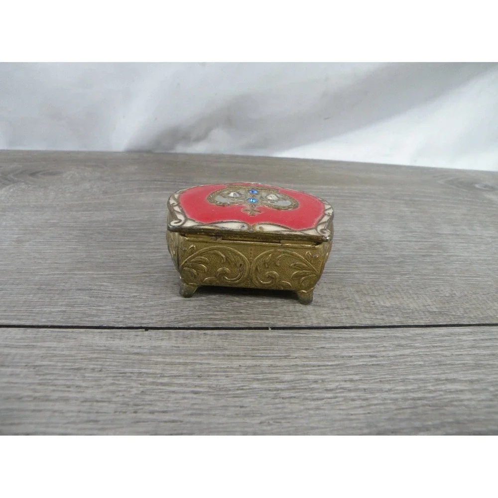 Japan Vintage Footed Trinket Box S Gold Metal Red Velvet Lining